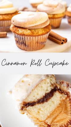 cinnamon roll cupcakes with frosting and cinnamon sprinkles