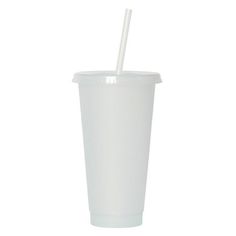 a white plastic cup with a straw in it