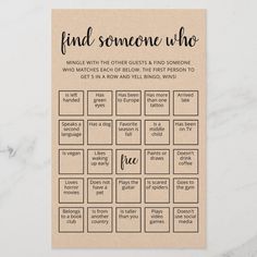 a card with the words find someone who