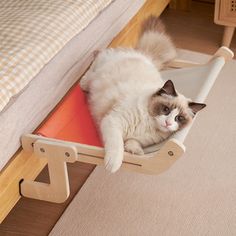 a cat laying on top of a wooden bed frame