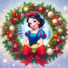 snow princess surrounded by christmas decorations and pine cones in a wreath with red bows on it