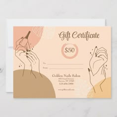 A stylish nail salon gift certificate in muted peach and tan colors.  The center circle can be replaced with your store logo.  (Image by Freepik).  The certificate is easy to customize with your wording, font and font color.  Not exactly what you're looking for?  All our products can be custom designed to meet your needs at no extra charge.  Simply contact us at askcottonlamb@gmail.com.  Coordinating products available at your request at no additional charge. Nail Certificate Templates, Nails Gift Card, Nail Certificate Design, Nail Gift Card, Nail Gift Certificate, Nail Certificate, Nail Business Logo, Shop Opening Invitation Card, Printable Vouchers