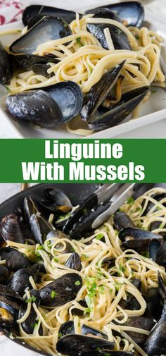 linguinne with mussels in a white bowl