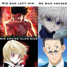 four different anime characters with caption that reads, this dad left him he was abused