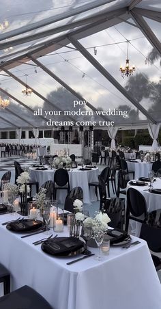 an outdoor tent with tables and chairs set up for a wedding reception in the evening