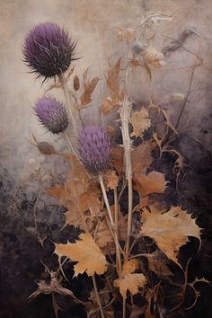 a painting of purple flowers and leaves in front of a gray background with white writing on it