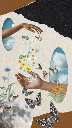 two hands reaching for flowers and butterflies in front of an image of the moon, with another hand hovering over them