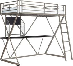 a metal loft bed with a ladder and desk underneath it, against a white background