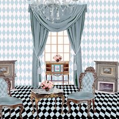 the room is decorated in blue and white checkered flooring with chandelier