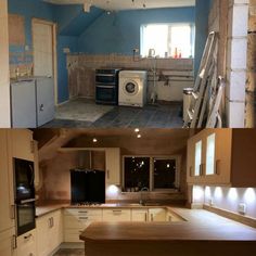 two pictures show the same kitchen in different stages of being remodeled and remodeled