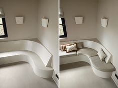 two photographs of a curved bench in a room with white walls and flooring, along with a window on the far wall