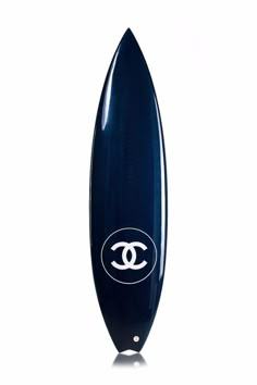 a blue surfboard with an oval logo on it