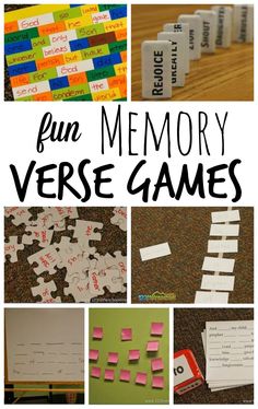 the words fun memory verse games are shown in this collage