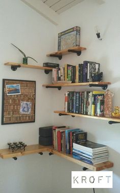 the bookshelves are filled with many different types of books