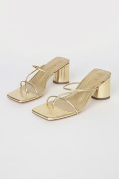 Metallic Gold Heels - Strappy High Heels - High Heel Sandals - Lulus Gold Heels Small Heel, Cute Small High Heels, 3 In Heels, Gold Heels 2 Inch, Prom Shoes Low Heeled Gold, Good Heels Prom, Gold Heels Black Dress, Block Kitten Heels, Gold Hoco Shoes