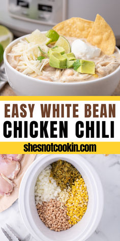 White bean chicken chii in white serving bowl. White Bean Chicken Chili Slow Cooker, White Bean Chicken Chili Crockpot, Slow Cooker White Chicken Chili, Slow Cooker Chicken Stew, White Chicken Chili Slow Cooker, Beans In Crockpot, White Chicken Chili Recipe, Chicken Chili Crockpot, White Bean Chicken Chili