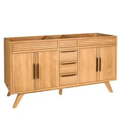 a wooden sideboard with two drawers and three doors on the bottom, one door open