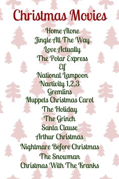 The BEST Christmas movies to watch!  Get ready for the holidays with these classics! Christmas Movie Checklist, Movie Checklist, Popular Christmas Movies, Christmas With The Kranks, Muppets Christmas, Arthur Christmas, Pooh Christmas, Grinch Santa, Movie Christmas