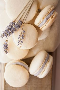 macaroons with lavender sprigs on them