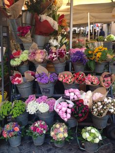 several buckets filled with different types of flowers on display at an outdoor flower market