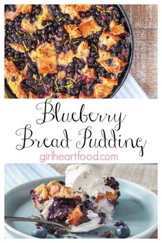 blueberry bread pudding with whipped cream on top and in the background, there is a serving