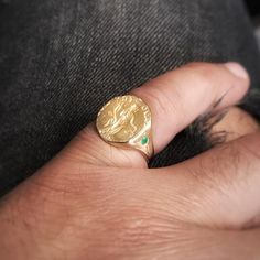 14K Solid gold pinky ring for men, Gentleman ancient coin signet ring set with genuine emerald gemst Mens Gold Signet Rings, Gold Coin Ring, Carving Jewelry, Custom Signet Ring, Gold Pinky Ring, Mens Pinky Ring, Surf Jewelry, Ancient Coin, Mens Rings