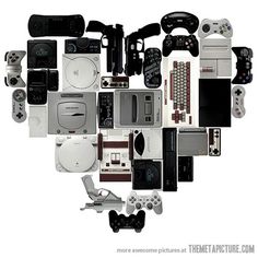 a collection of electronic devices arranged in the shape of a heart on a white background