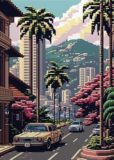 a city street with cars and palm trees