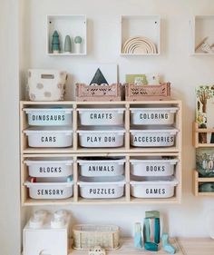 a shelf filled with lots of different types of containers on top of a wooden table