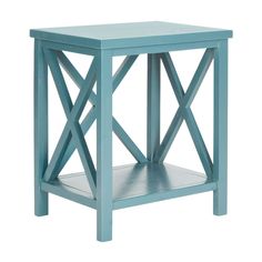 a gray end table with an x design on the top and bottom shelf, against a white background