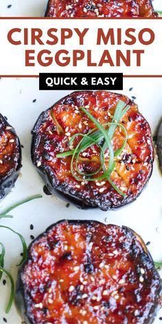 grilled eggplant on a plate with text overlay that reads crispy miso eggplant quick and easy