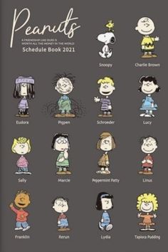 the peanuts character book is shown in black and white, with many different characters on it