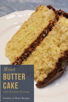 a close up of a piece of cake on a plate with the words moist butter cake