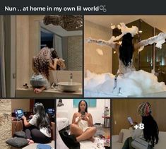 four different pictures of women in the same room