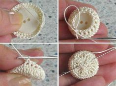 crocheted buttons are being used to make an ornament for a button