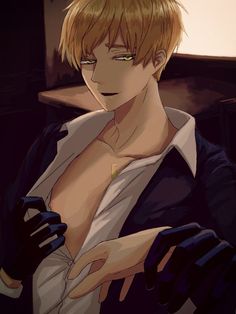 an anime character with blonde hair and green eyes wearing black gloves, holding his hand on his chest