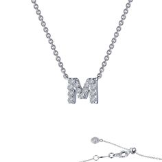 The Lafonn Letter M Pendant Necklace showcases a shimmering silver pendant adorned with simulated diamonds. The chain includes an adjustable clasp and is finished with a small round charm at the end, all beautifully set against a pristine white background. Letter M Necklace, M Necklace, Diamond Initial Necklace, Letter Pendant Necklace, Letter M, Letter Pendants, Letter Necklace, Diamond Pendant Necklace, Silver Pendants