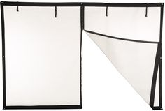 a white screen with black trim hanging from the side and an open window behind it