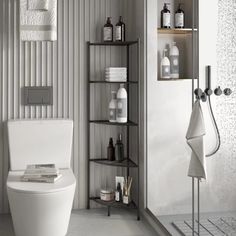 a white toilet sitting in a bathroom next to a shelf filled with bottles and towels