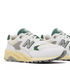 New With Box, Lid Removed Men's Size 9.5, Uk9, Euro 43 White/Night Watch Green New Balance 580, Watch Green, New Balance White, Night Watch, New Balance Shoes, Mens Shoes Sneakers, New Balance, Men's Shoes, Shoes Sneakers