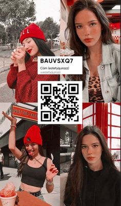 a collage of photos with women in red hats and one woman wearing a black top