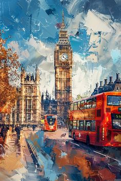 a painting of big ben and red double decker buses