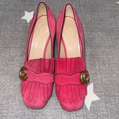 New Condition In Hot Pink Suede Size: 36.5 There Is A Tiny Black Smudge On One Side Of The Shoe As Shown In Picture. Will Come With Box Pink Pointed Toe Loafers For Formal Occasions, Formal Pink Pointed Toe Loafers, Elegant Pink Loafers With Round Toe, Elegant Pink Almond Toe Loafers, Chic Pink Loafers With Round Toe, Chic Pink Loafers For Office, Luxury Pink Heels For Office, Luxury Pink Heels For The Office, Luxury Pink Loafers For Formal Occasions