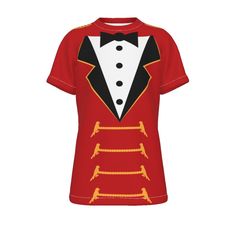 a red shirt with a tuxedo on it