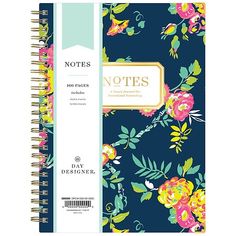 a blue notebook with flowers on it and the words notes written in gold foil is shown