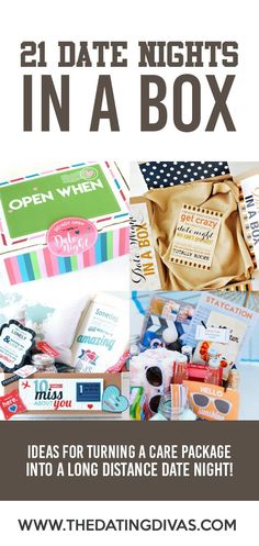 an open box with the text, 21 date nights in a box ideas for turning a care package into a long distance date night