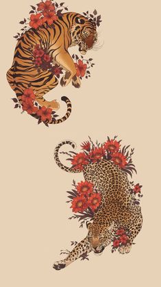 two tiger and leopards with red flowers on their backs, one is laying down