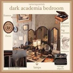 an old fashioned desk with various items on it and the words dark academia bedroom