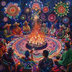 a group of people sitting around a fire pit in the middle of a room filled with colorful