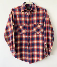 "Description: Vintage 60s JCPenney plaid printed flannel button down long sleeve shirt. Condition:  Great. (Small fraying near underarm - Please see pics). Measurements: Approx. Length: 29\" (HPS), Chest (Flat across the underarm): 20 1/2\", Sleeve length (Including cuff): 23\" ALL SALES FINAL - Please check and compare measurements to something you own before purchasing. Most of my products are vintage/used, so please check pictures and feel free to ask questions. Thank you." Cheap Vintage Plaid Flannel Shirt, Yellow Plums, Black Harley Davidson, Black Pleated Skirt, Vintage 60s, Women's Plaid Shirt, Long Sleeve Shirt, Vintage Black, Button Downs